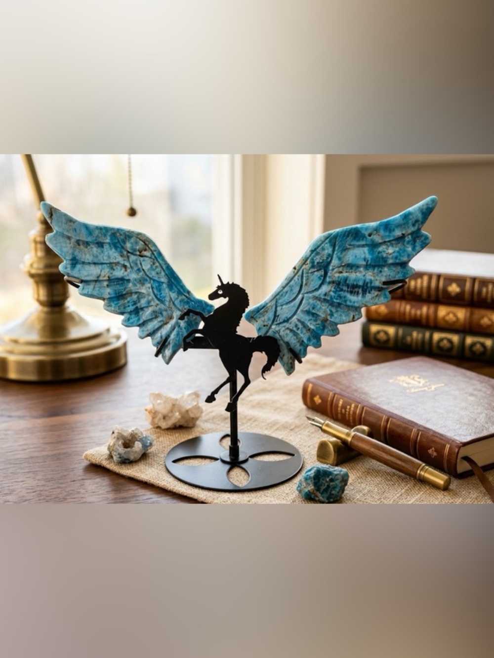 Blue Apatite Winged Horse Pegasus Crystal Carving Natural Gemstone Metal Stand